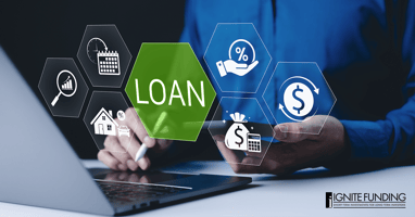 man working on laptop computer with icons representing real estate investment loans